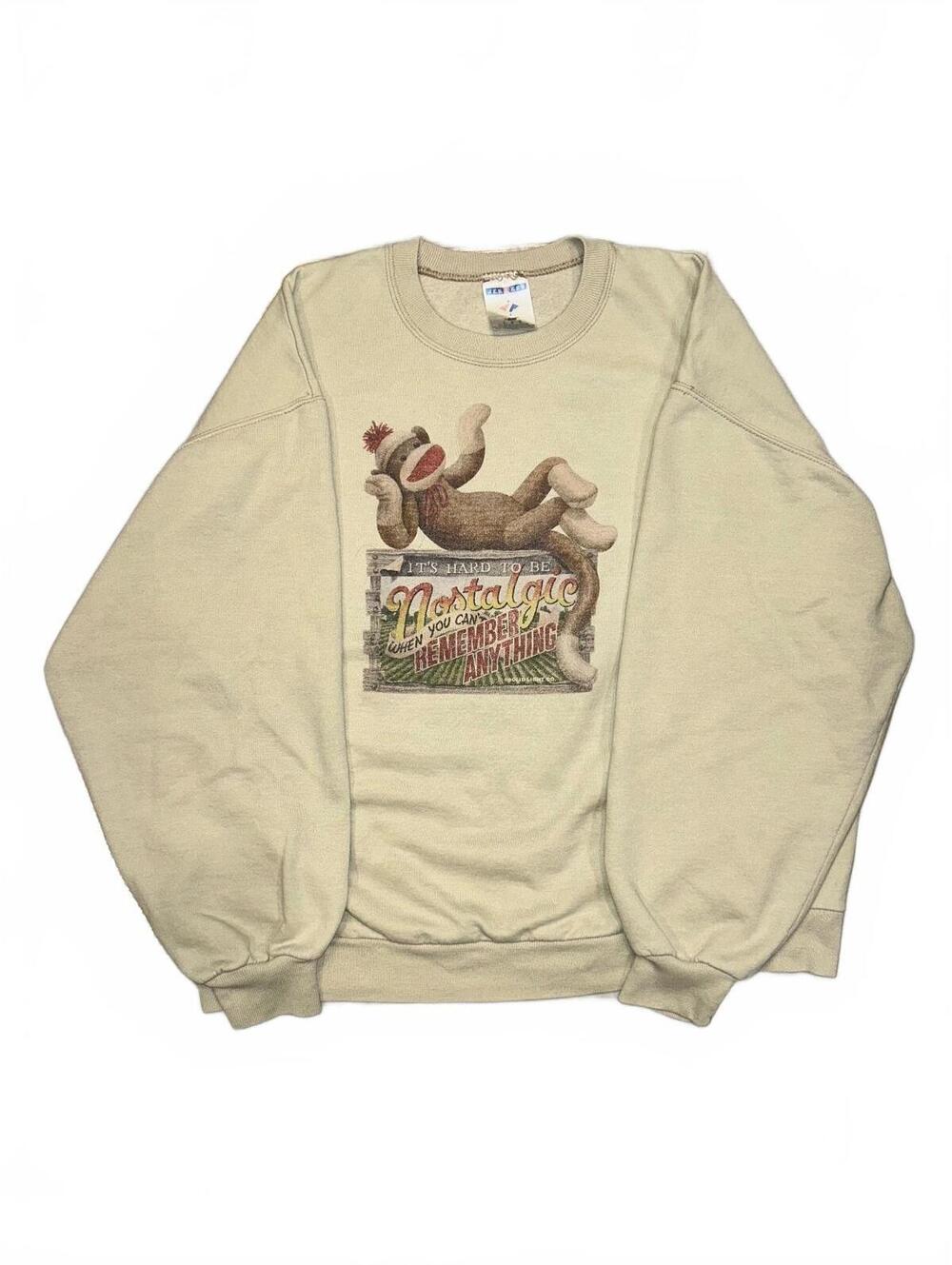 Vintage 90s Jerzees Sock Monkey Nostalgic Crewneck Sweatshirt Tan Beige Unisex